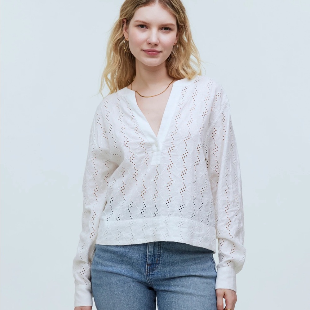 Madewelll long sleeve white eyelet shirt blouse sz small